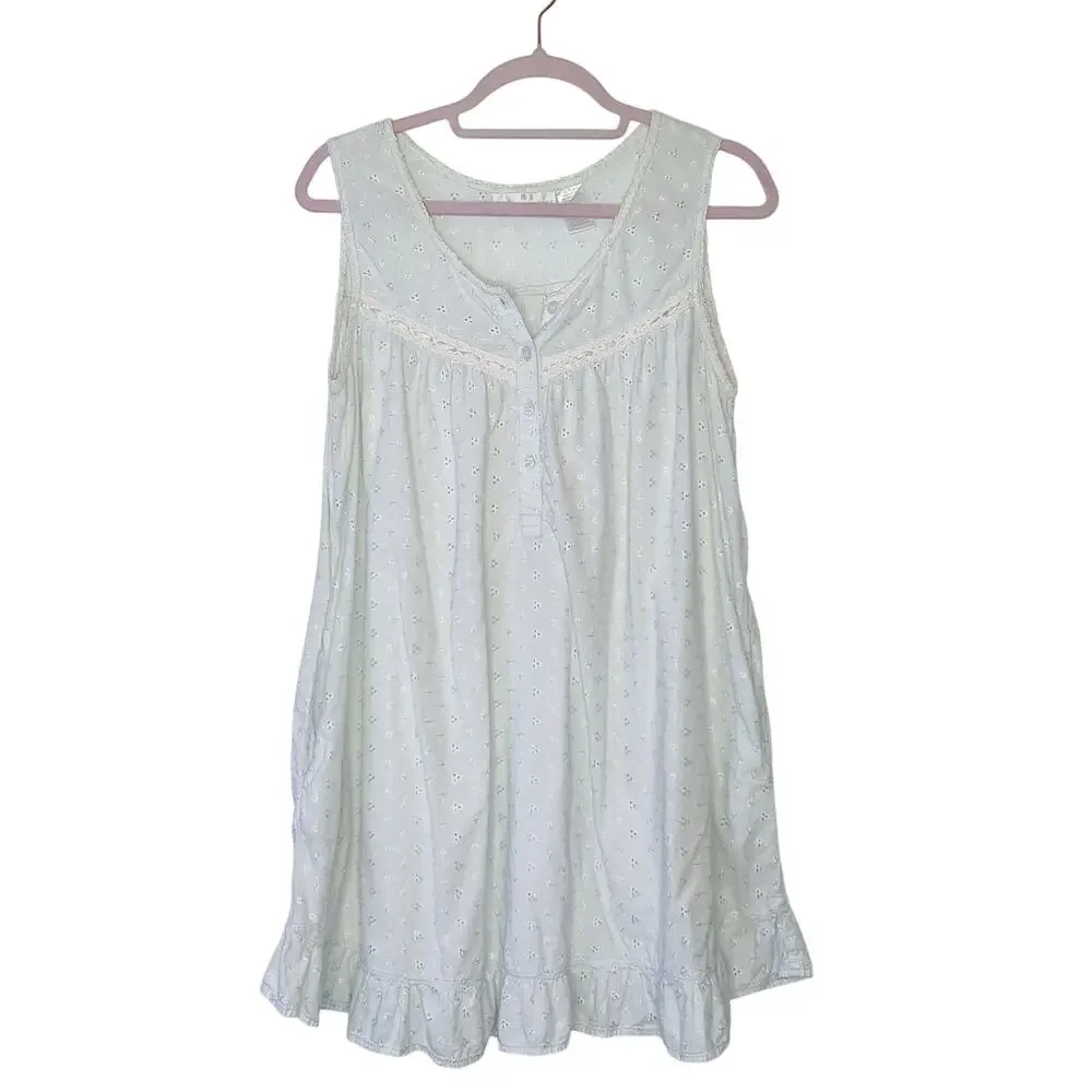 Vtg Soft Surroundings Baby Blue Eyelet Floral Embroidered Cotton Nightgown Small